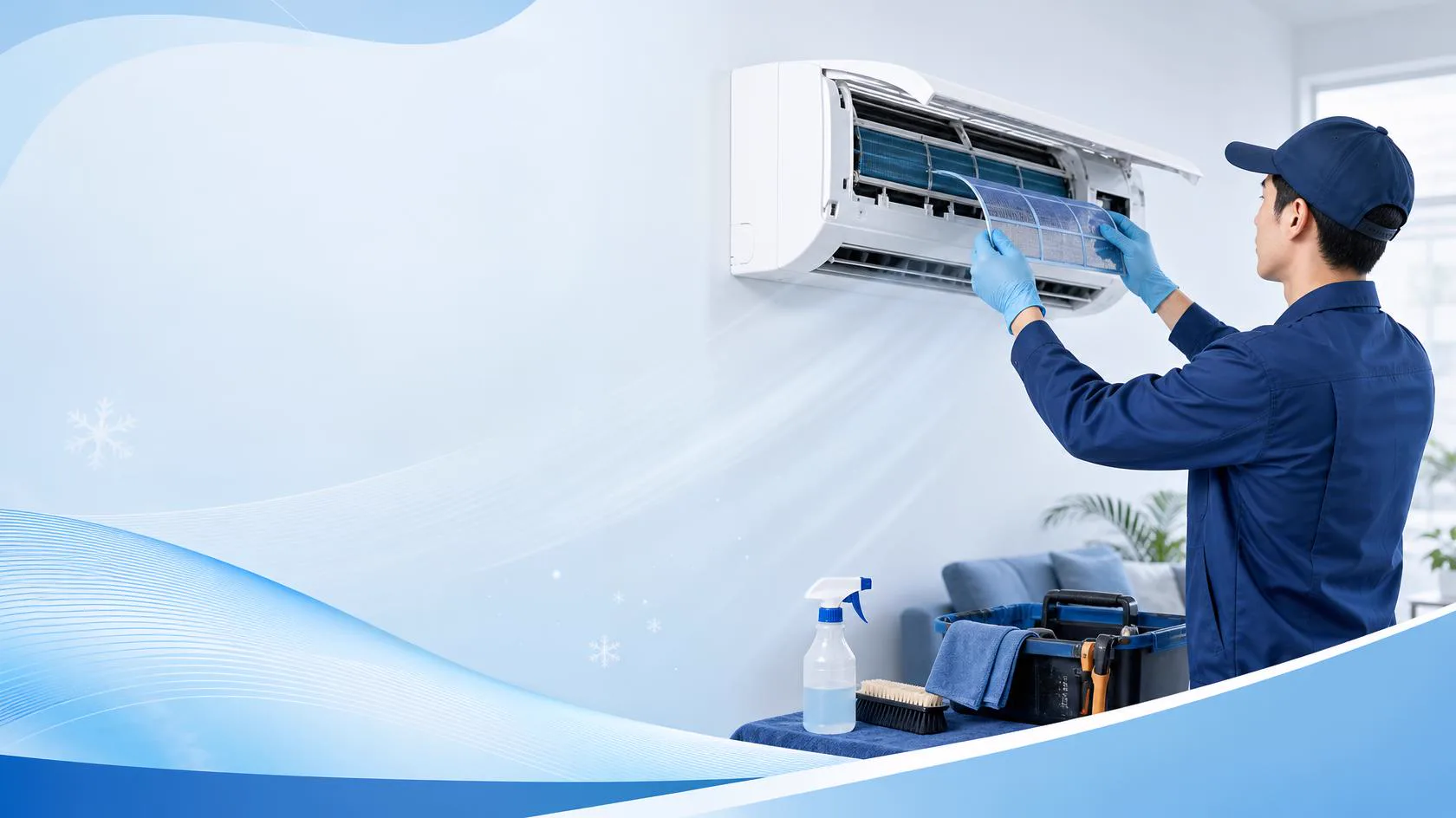 Aircon Fairprice technician cleaning the filter of a wall-mounted aircon in a Singapore home
