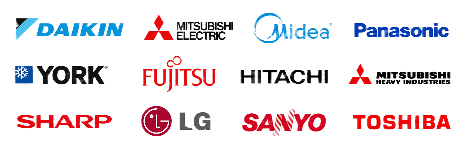 Aircon brands we service: Daikin, Mitsubishi Electric, Midea, Panasonic, York, Fujitsu, Hitachi, Mitsubishi Heavy Industries, Sharp, LG, Sanyo, Toshiba