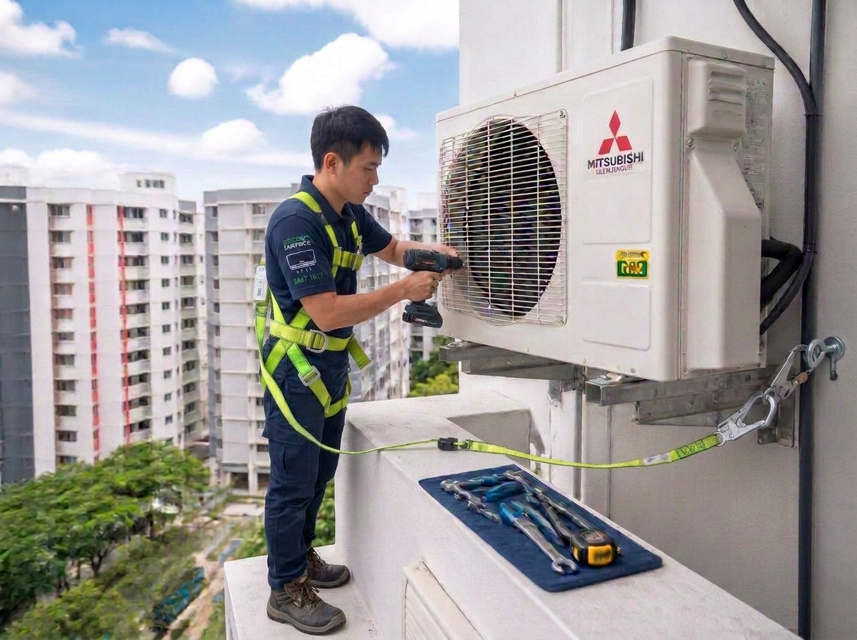 Technician installing outdoor condenser unit on HDB service ledge