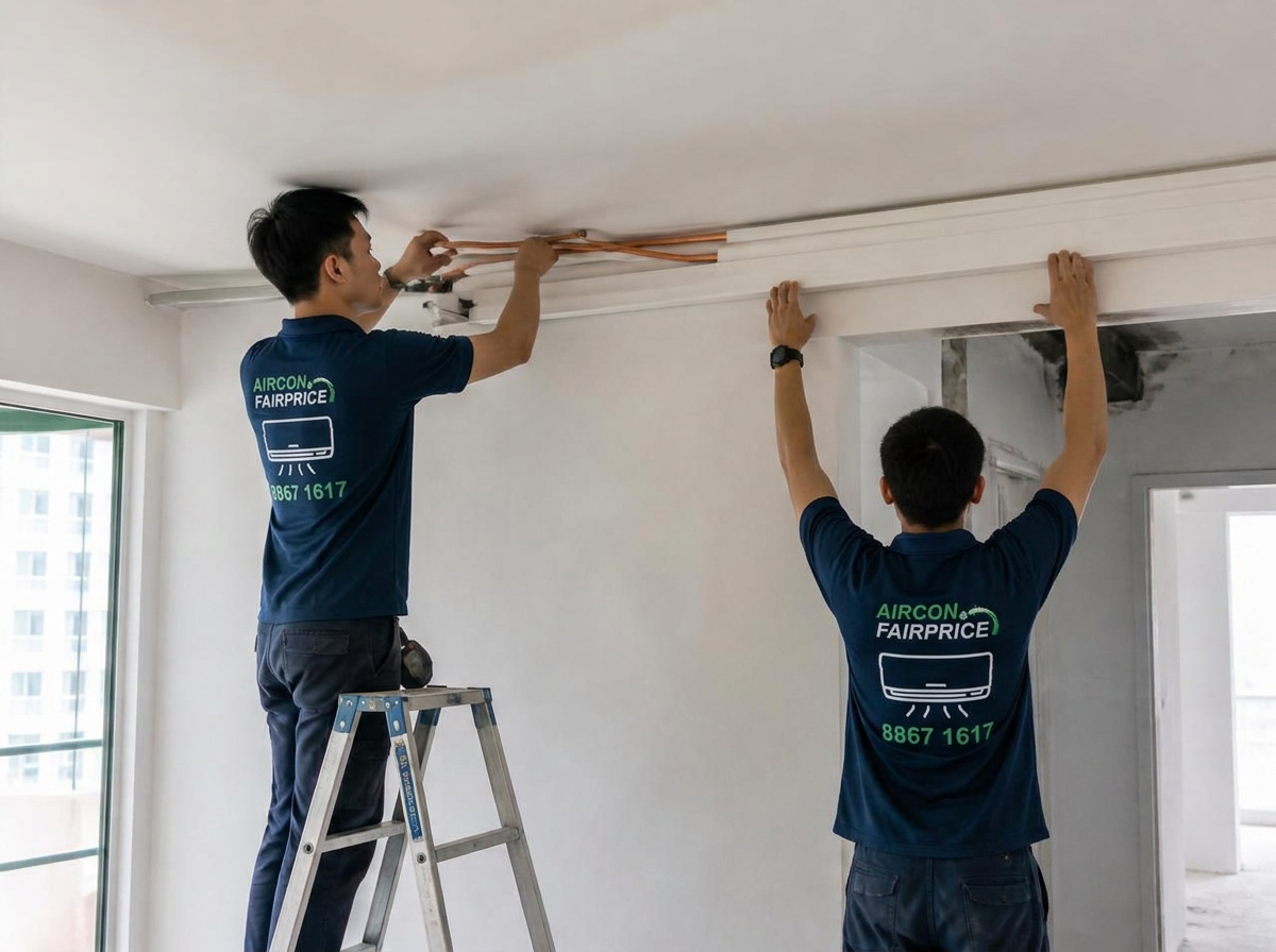Technicians routing copper refrigerant piping and trunking along ceiling of new BTO flat