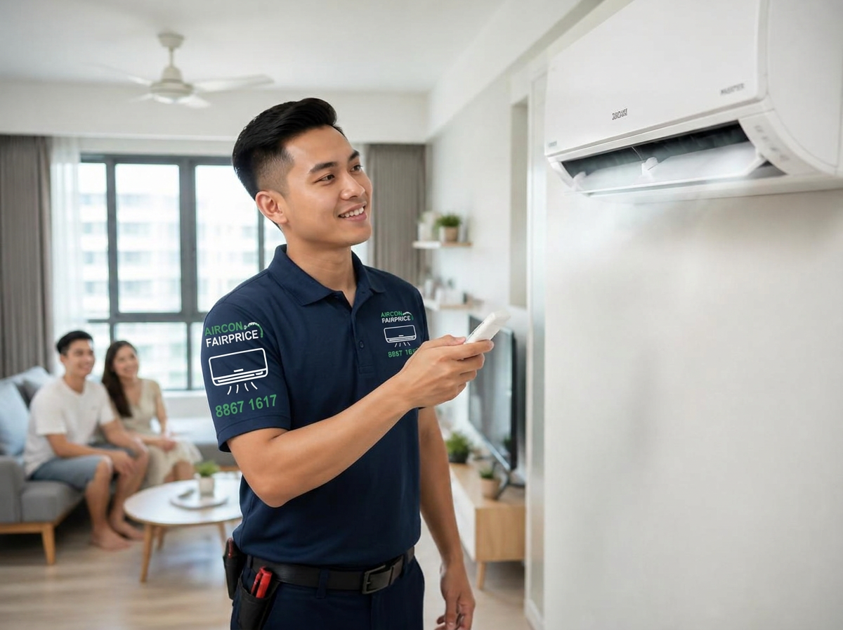 Technician testing newly installed air conditioner with homeowners in BTO living room