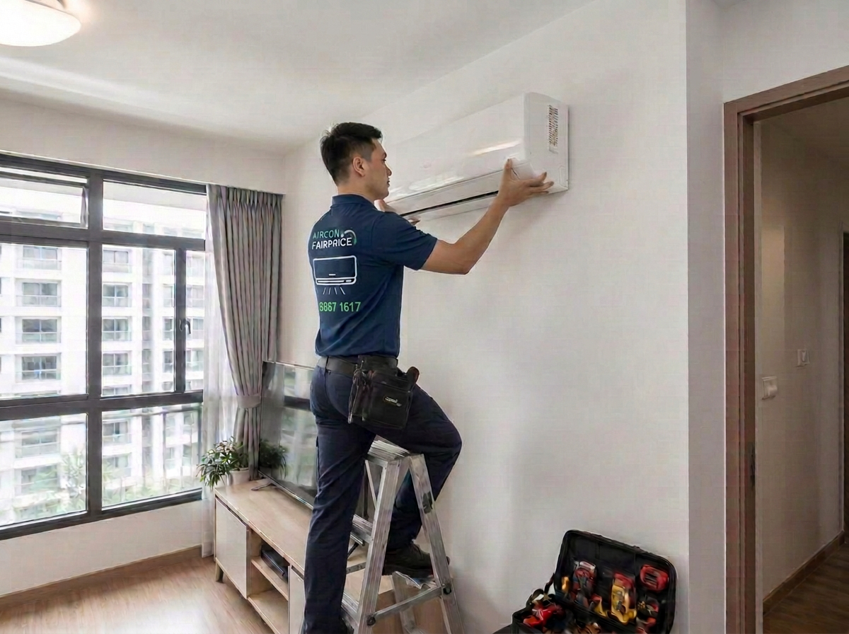 Aircon Fairprice technician mounting a new indoor fan coil during installation
