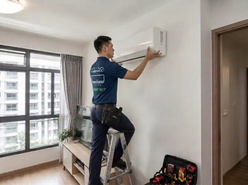 Aircon Fairprice technician mounting a new indoor fan coil during installation