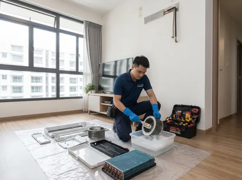 Aircon Fairprice technicians performing chemical overhaul with dismantled parts