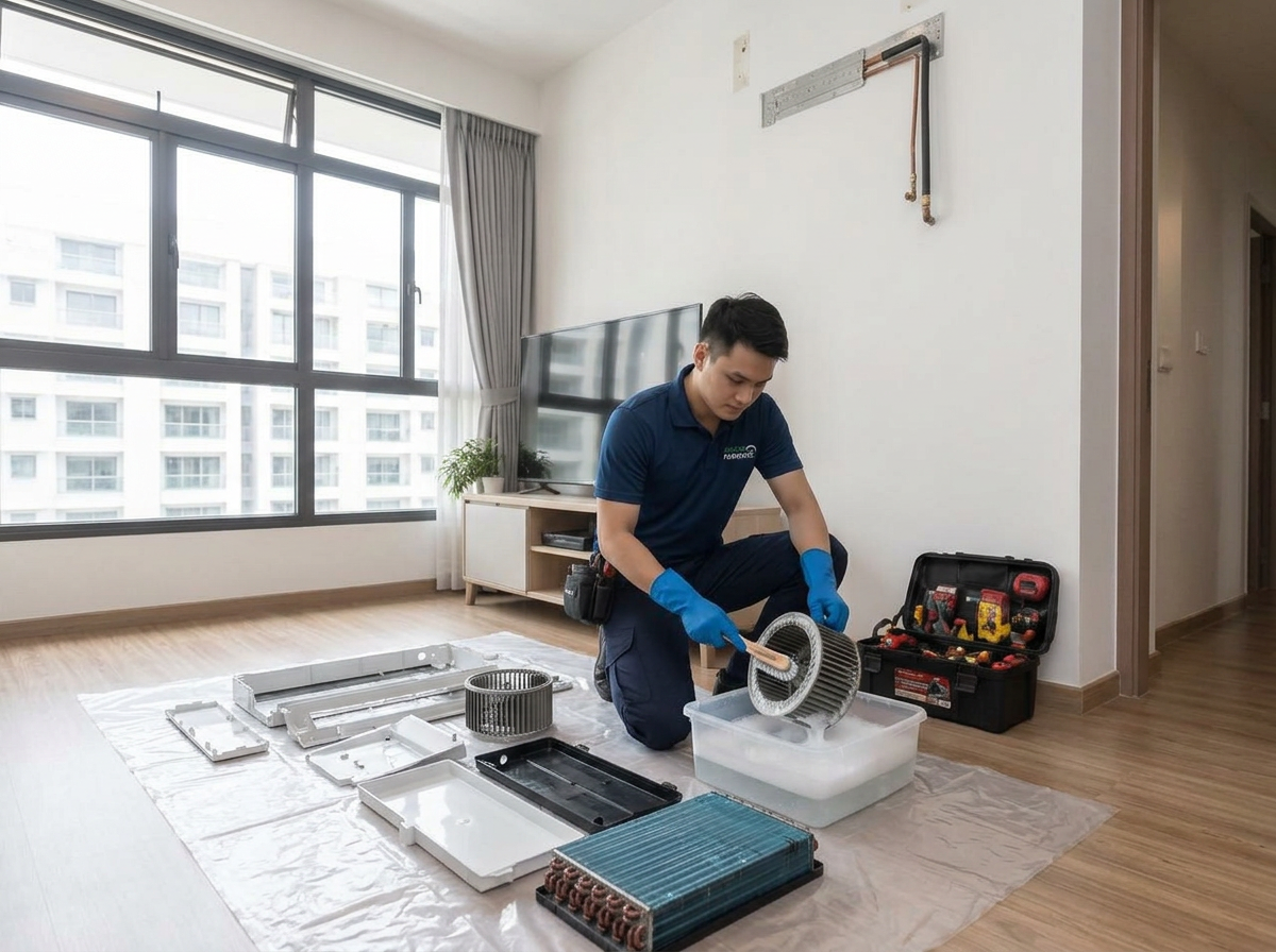 Aircon Fairprice technicians performing chemical overhaul with dismantled parts