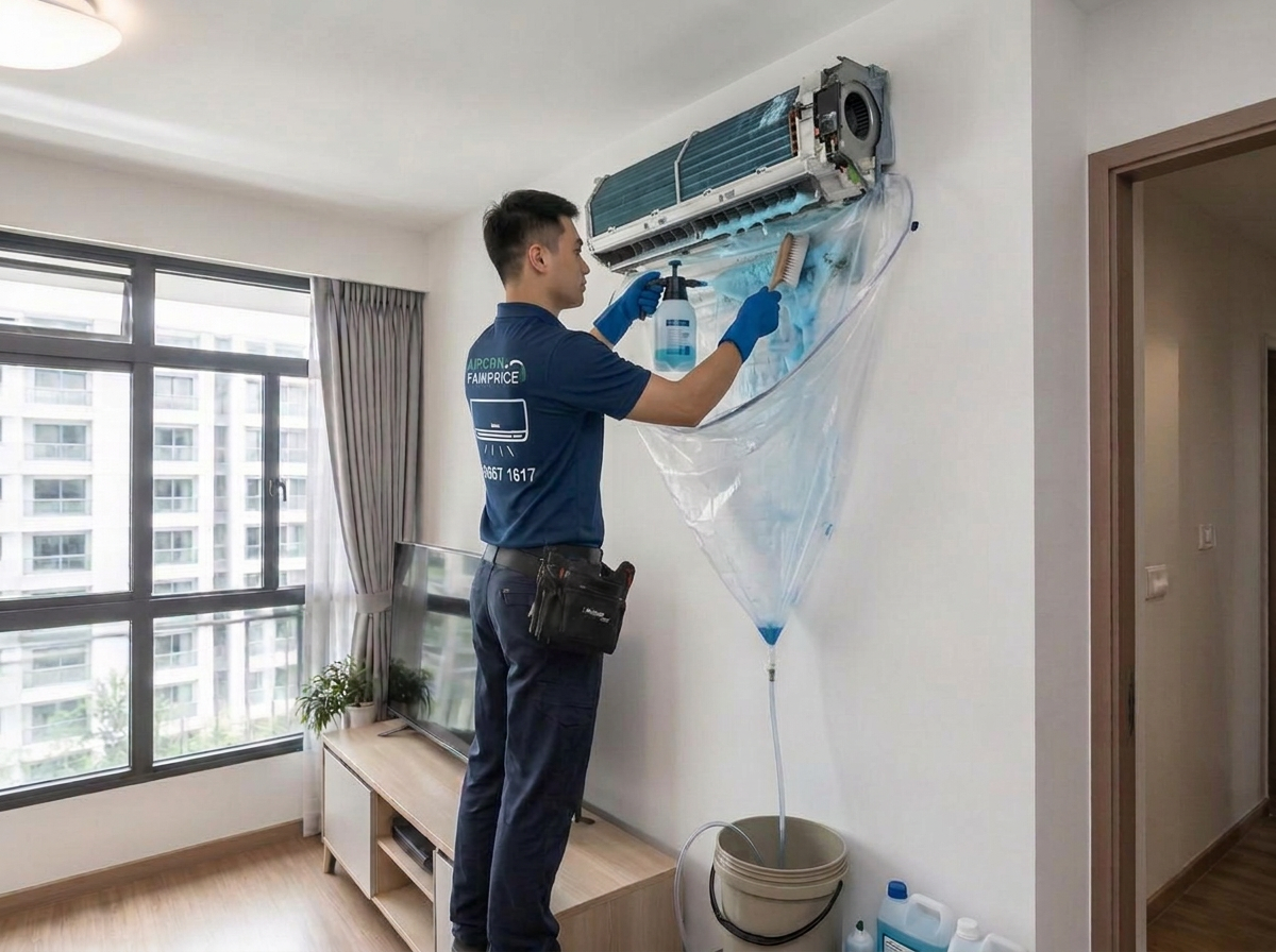 Aircon Fairprice technician performing chemical wash on an indoor fan coil