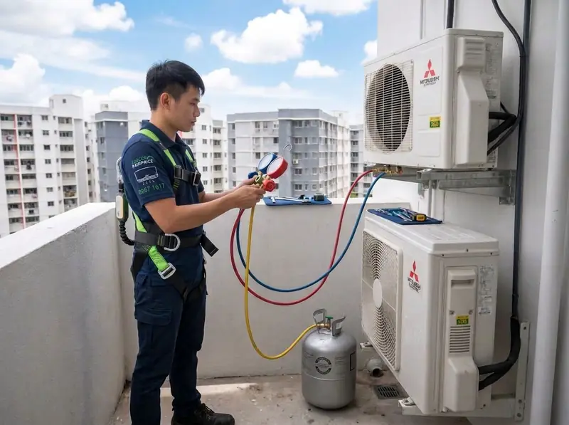 Aircon Fairprice technician performing refrigerant gas top-up on outdoor condenser