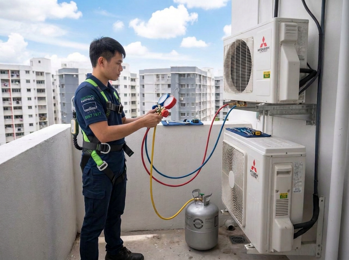 Aircon Fairprice technician performing refrigerant gas top-up on outdoor condenser