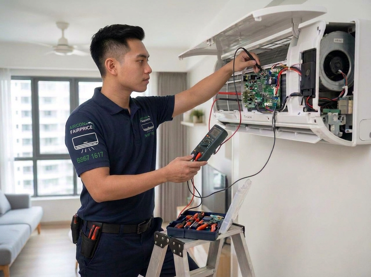 Aircon Fairprice technician diagnosing an aircon fault with a multimeter