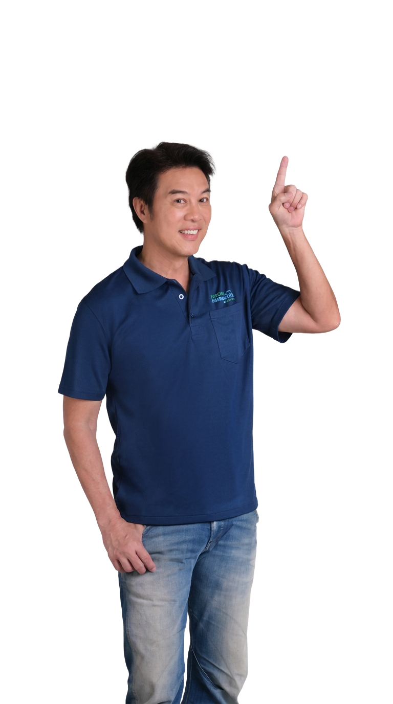 Aircon Fairprice technician smiling and pointing up